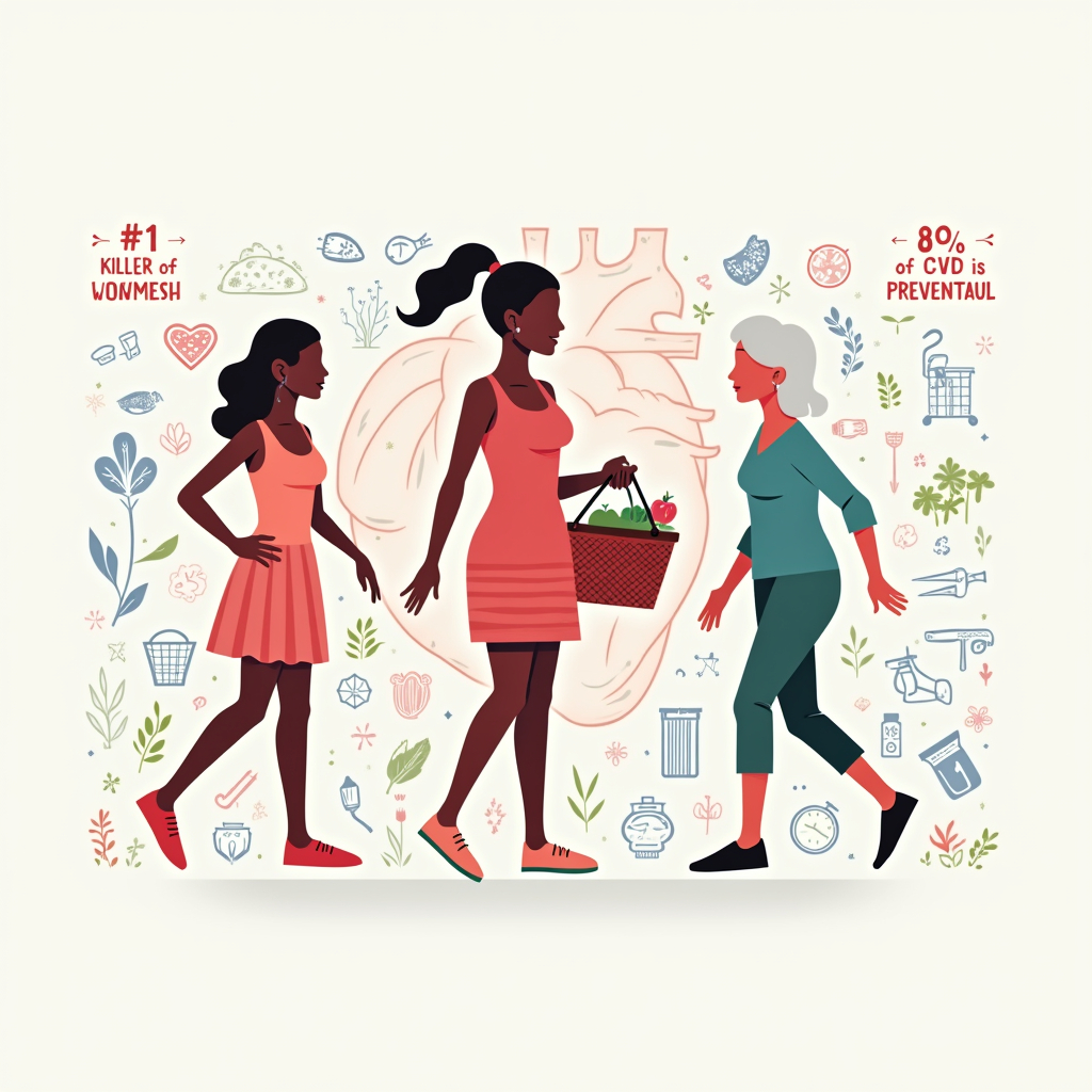 Preventing Cardiovascular Disease in Women: Clinical Insights and Nutritional Strategies 4 Illustration of three women at different life stages with symbols of nutrition, exercise, and medical care for cardiovascular disease prevention.