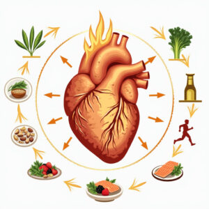Illustration of a human heart surrounded by anti-inflammatory foods like vegetables, berries, olive oil, and salmon, symbolizing protection against inflammation