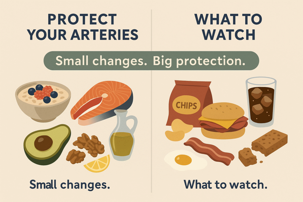 Split-screen infographic comparing heart-healthy foods like oats, salmon, and olive oil against high-cholesterol triggers like fried meats, soda, and snack foods.