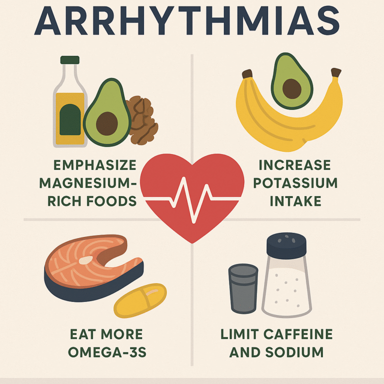 nfographic titled “Arrhythmias” with four labeled quadrants showing dietary tips: emphasize magnesium-rich foods, increase potassium intake, eat more omega-3s, and limit caffeine and sodium—illustrated with foods like salmon, bananas, avocado, and salt shakers