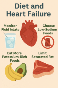 Infographic titled “Diet and Heart Failure” showing a central heart icon and four illustrated health tips: monitor fluid intake, choose low-sodium foods, eat potassium-rich foods, and limit saturated fat.