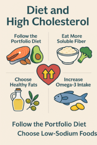 Infographic titled “Diet and High Cholesterol” showing a heart icon with four dietary strategies: follow the Portfolio Diet, eat more soluble fiber, choose healthy fats, and increase omega-3 intake—with icons of foods like salmon, avocado, oats, and olive oil.