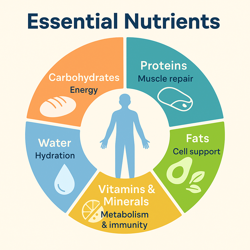 The Ultimate Guide to Essential Nutrients for a Healthier You 5 Infographic showing a human silhouette surrounded by five sections representing carbohydrates, proteins, fats, vitamins and minerals, and water with icons and functions like energy, hydration, and metabolism