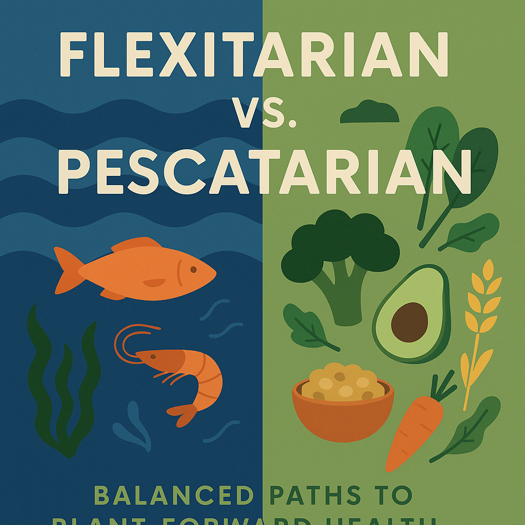 Flexitarian and Pescatarian Approaches: Balanced Paths to Plant-Forward Health 9 Illustrated infographic comparing flexitarian and pescatarian diets with seafood and plant-based food icons on ocean-blue and earthy-green backgrounds