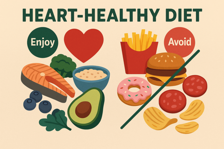 Home 14 Illustration showing heart-healthy foods to enjoy (salmon, avocado, greens) and unhealthy foods to avoid (fries, burgers, processed meats), split by a dividing line.