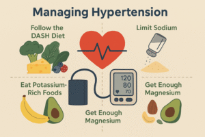 Infographic showing four key strategies to manage hypertension: follow the DASH diet, eat potassium-rich foods, limit sodium, and get enough magnesium, with illustrations of related foods and a blood pressure monitor.