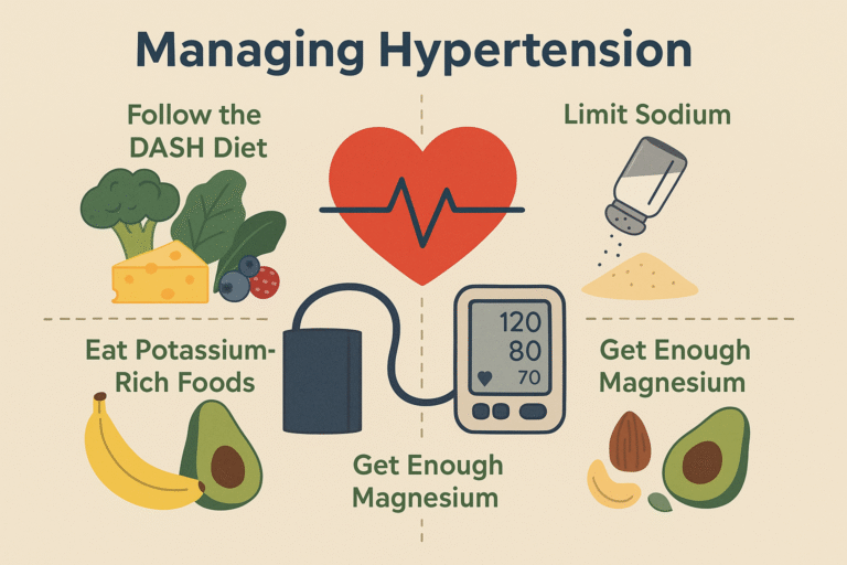 Home 16 Infographic showing four key strategies to manage hypertension: follow the DASH diet, eat potassium-rich foods, limit sodium, and get enough magnesium, with illustrations of related foods and a blood pressure monitor.
