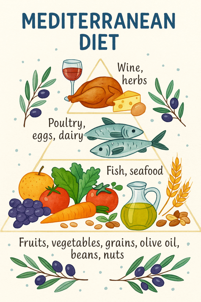Hand-drawn illustration of the Mediterranean Diet food pyramid with layers of fruits, vegetables, grains, olive oil, fish, poultry, dairy, wine, and herbs.