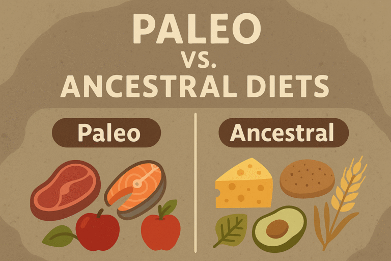 Home 1 Flat-style infographic comparing Paleo and Ancestral diets with illustrated foods like steak, salmon, apples, cheese, avocado, bread, and grains.