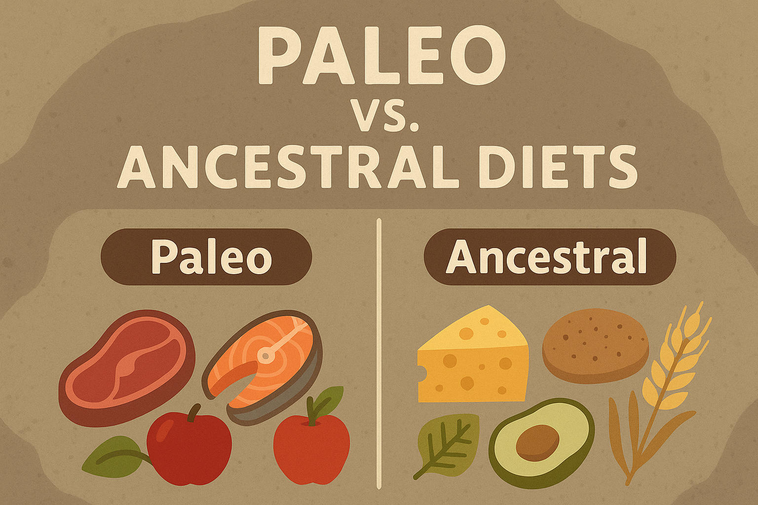 Flat-style infographic comparing Paleo and Ancestral diets with illustrated foods like steak, salmon, apples, cheese, avocado, bread, and grains.