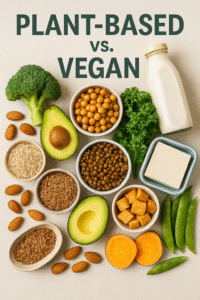 Overhead photo of plant-based and vegan-friendly foods including tofu, chickpeas, lentils, avocado, almonds, broccoli, sweet potato, leafy greens, and plant milk.