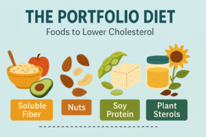 Infographic titled “The Portfolio Diet” showing four cholesterol-lowering food groups: soluble fiber, nuts, soy protein, and plant sterols, each illustrated with relevant foods.