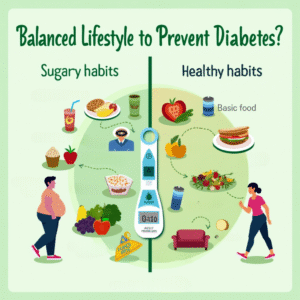 Illustration showing contrast between unhealthy and healthy lifestyle choices with focus on preventing type 2 diabetes through food and activity.