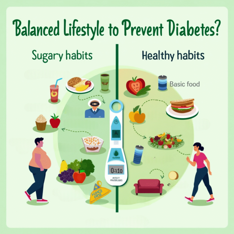 Illustration showing contrast between unhealthy and healthy lifestyle choices with focus on preventing type 2 diabetes through food and activity.