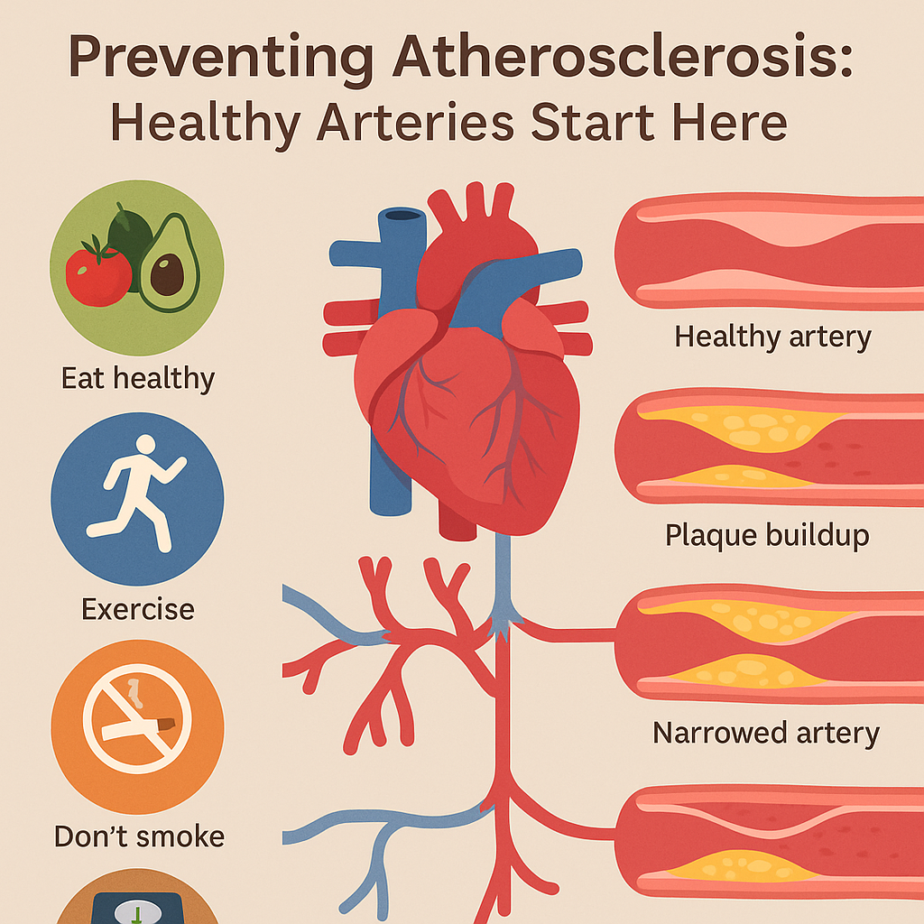 Flat-style medical infographic showing the progression of atherosclerosis with illustrations of healthy and plaque-filled arteries, supported by icons representing heart-healthy foods, exercise, and no smoking.