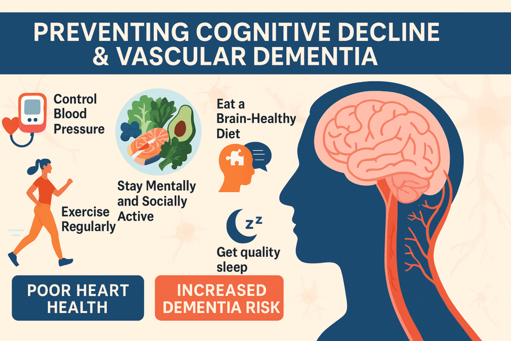 Illustration of a human brain inside a silhouette with icons representing key prevention strategies for cognitive decline, including exercise, blood pressure control, brain-healthy diet, mental activity, and quality sleep.