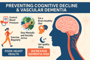 Illustration of a human brain inside a silhouette with icons representing key prevention strategies for cognitive decline, including exercise, blood pressure control, brain-healthy diet, mental activity, and quality sleep.