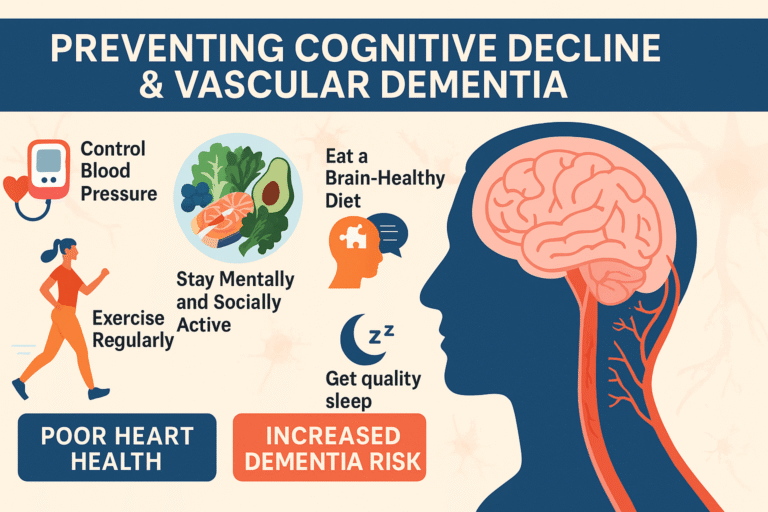 Illustration of a human brain inside a silhouette with icons representing key prevention strategies for cognitive decline, including exercise, blood pressure control, brain-healthy diet, mental activity, and quality sleep.