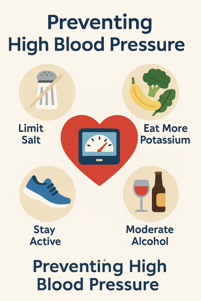 Infographic titled “Preventing High Blood Pressure” with four illustrated strategies: reduce sodium, increase potassium, exercise regularly, and manage stress—with icons of food, running shoes, and relaxation symbols.