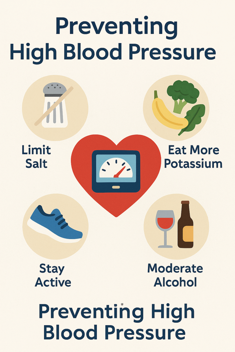 Home 2 Infographic titled “Preventing High Blood Pressure” with four illustrated strategies: reduce sodium, increase potassium, exercise regularly, and manage stress—with icons of food, running shoes, and relaxation symbols.