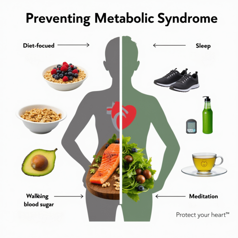 llustration showing a healthy meal, exercise, sleep, and stress relief strategies surrounding a silhouette representing metabolic risk factors.