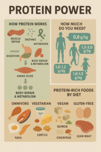 Infographic illustrating how protein is digested and used for body repair, recommended intake levels for different populations, and protein-rich food sources for omnivores, vegetarians, vegans, and gluten-free diets