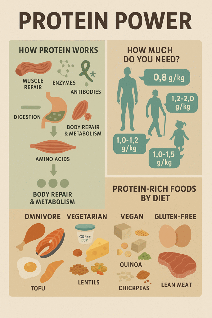 Protein: How It Works, How Much You Really Need, and the Best Protein-Rich Foods for Every Diet 8 Infographic illustrating how protein is digested and used for body repair, recommended intake levels for different populations, and protein-rich food sources for omnivores, vegetarians, vegans, and gluten-free diets
