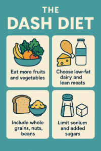 Infographic presenting the DASH diet guidelines with four illustrated panels showing fruits and vegetables, low-fat dairy and lean meats, whole grains and legumes, and limiting sodium and added sugars.