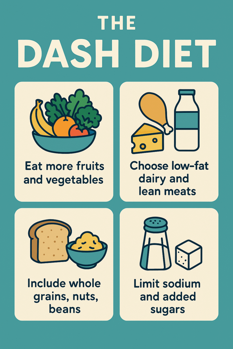 Home 16 Infographic presenting the DASH diet guidelines with four illustrated panels showing fruits and vegetables, low-fat dairy and lean meats, whole grains and legumes, and limiting sodium and added sugars.
