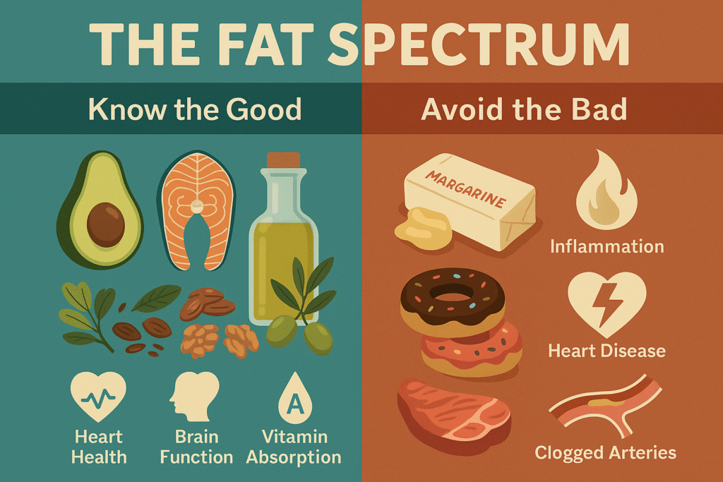 Fats: The Truth About Good Fats, Omega-3s, and What to Avoid 7 Infographic contrasting healthy fats like avocado and salmon with unhealthy fats like margarine and donuts, showing their effects on heart health, inflammation, and nutrient absorption.