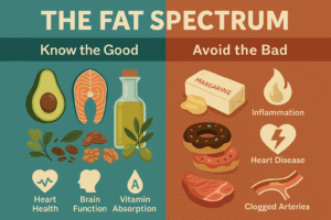 Infographic contrasting healthy fats like avocado and salmon with unhealthy fats like margarine and donuts, showing their effects on heart health, inflammation, and nutrient absorption.