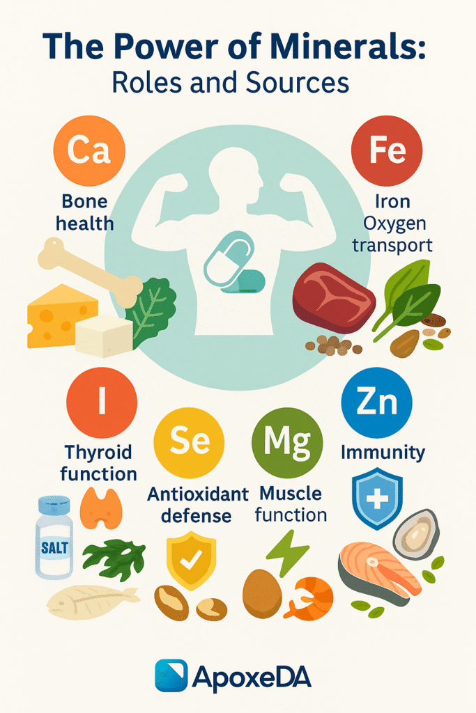 Minerals: The Essential Nutrients Behind Strong Bones, Nerves, and Metabolism 4 Infographic showing minerals like calcium, iron, magnesium, zinc, iodine, and selenium with their roles and food sources including cheese, spinach, meat, and Brazil nuts.