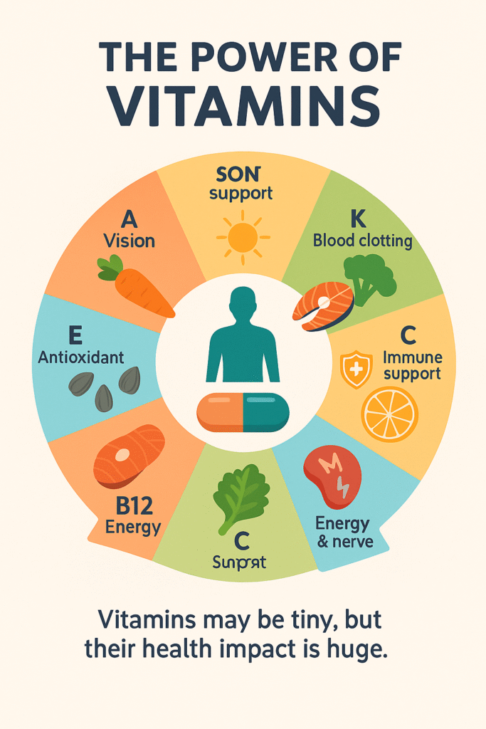 Vitamins: The Essential Micronutrients That Power Your Health 6 Circular infographic showing vitamins A, C, D, E, K, and B12 with food sources and benefits like vision, immunity, and energy around a multivitamin and human figure.