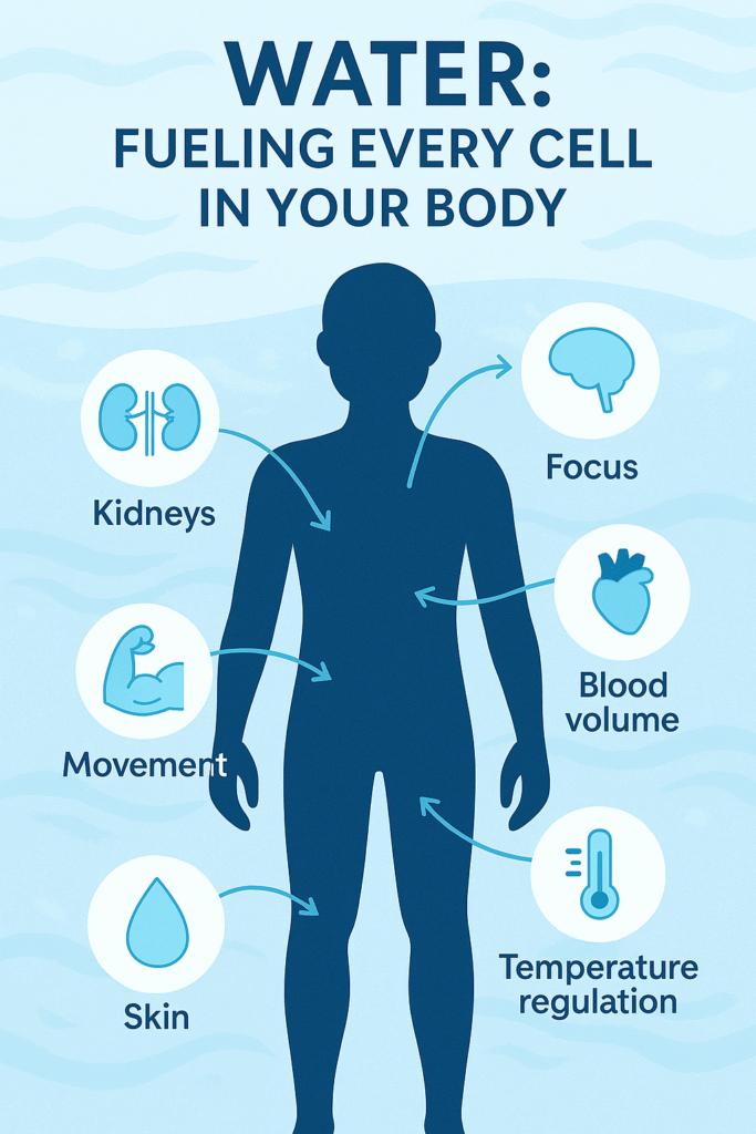 Infographic with a blue human silhouette and labeled arrows showing how water supports kidneys, brain focus, blood volume, movement, and temperature regulation.