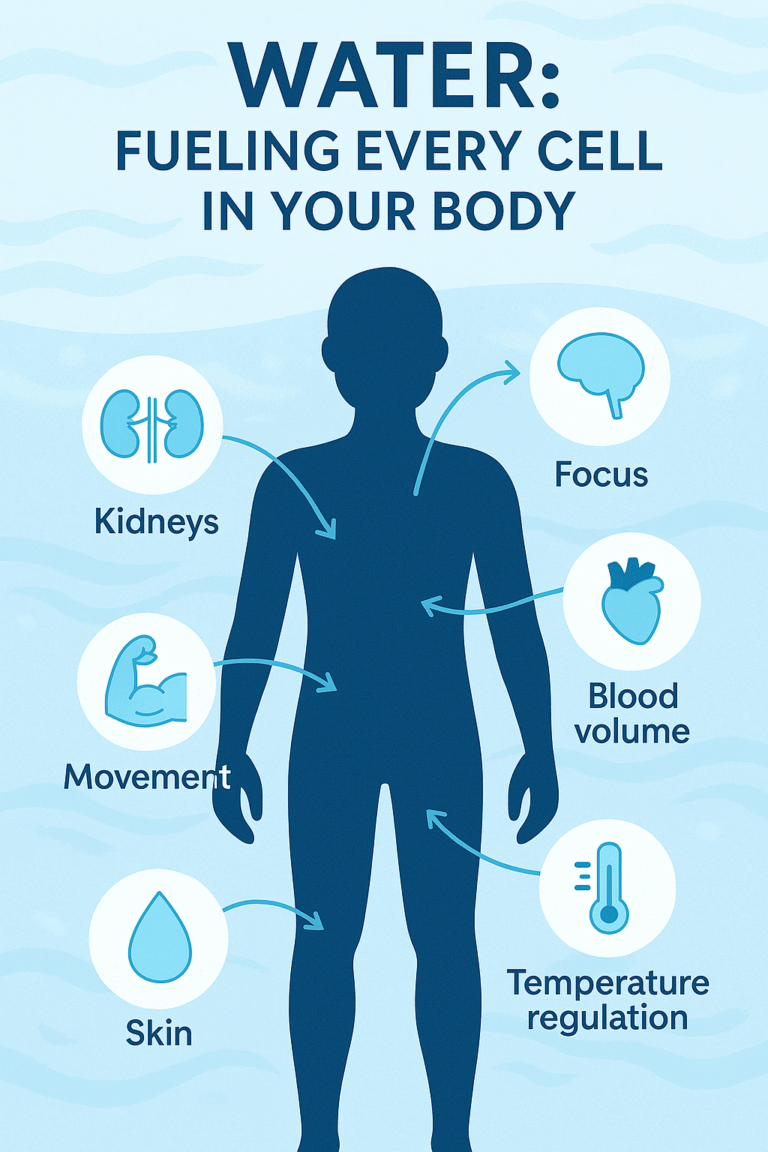 Home 2 Infographic with a blue human silhouette and labeled arrows showing how water supports kidneys, brain focus, blood volume, movement, and temperature regulation.
