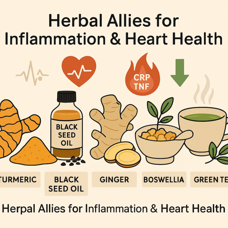 Illustration of turmeric, black seed oil, ginger, boswellia, and green tea shown as natural anti-inflammatory remedies that support heart health.