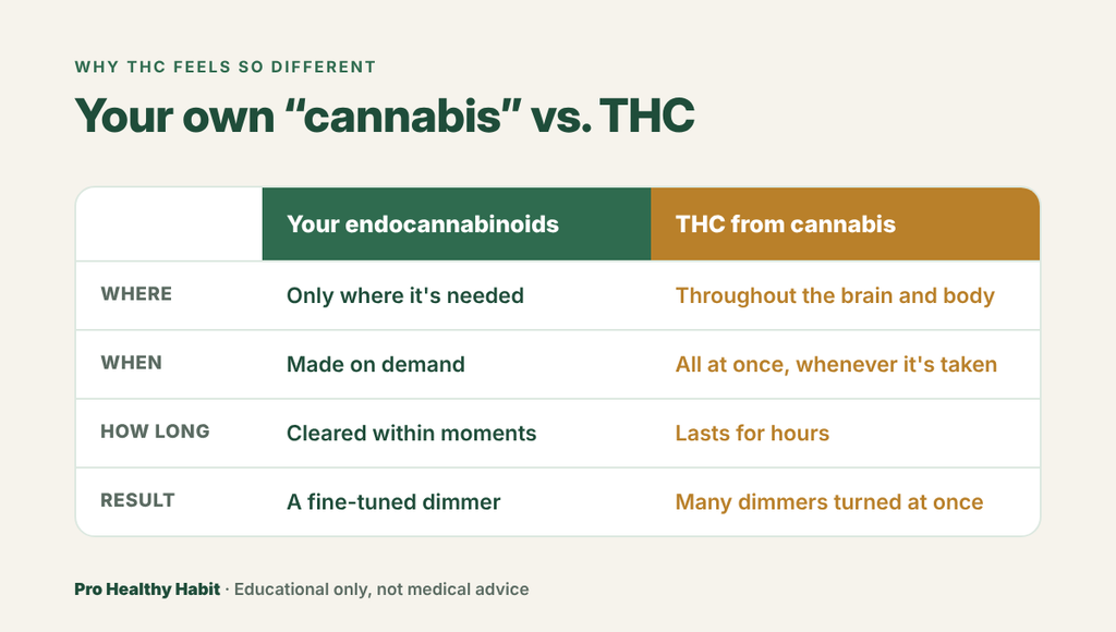 Comparison table: your own endocannabinoids act only where needed, on demand, for moments, while THC acts throughout the body, all at once, for hours