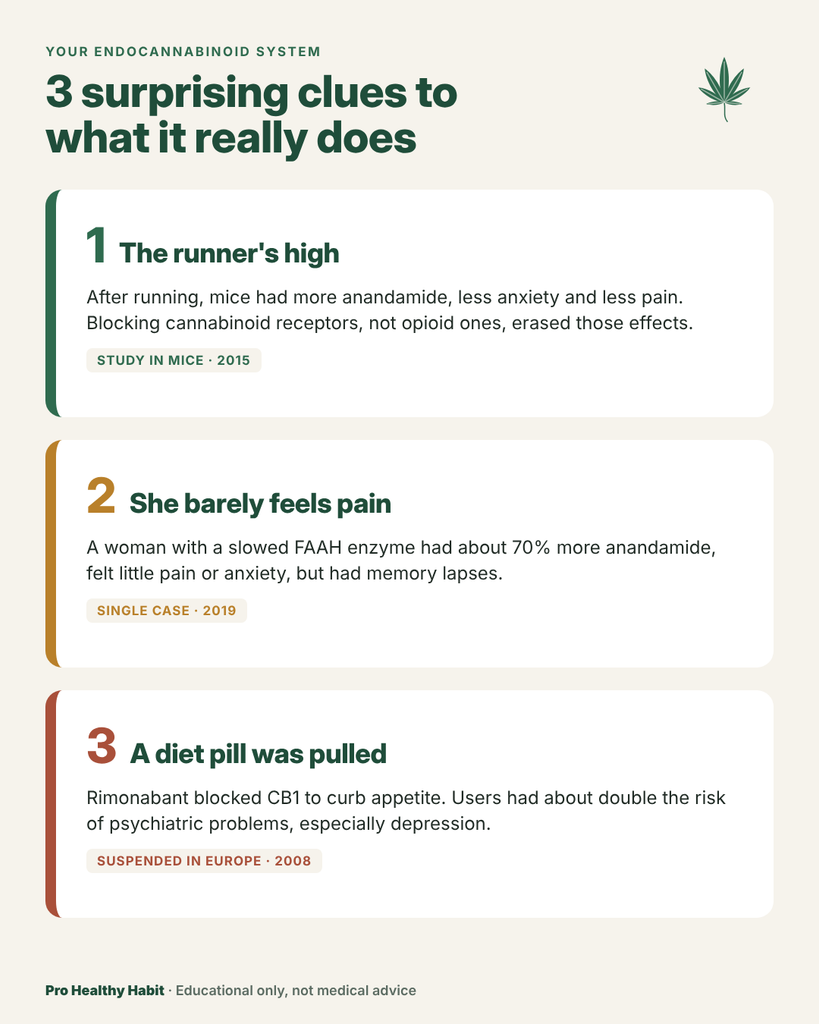 Infographic of three clues about the endocannabinoid system: the runner's high in mice, a woman who barely feels pain, and a diet pill suspended for psychiatric side effects