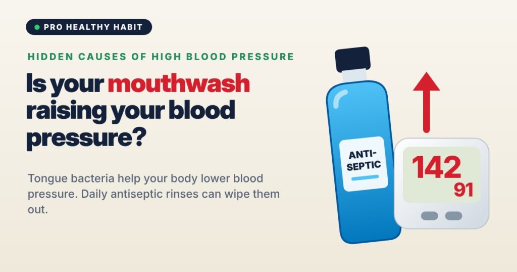 Bottle of antiseptic mouthwash beside a blood pressure monitor with a rising arrow, illustrating how mouthwash may raise blood pressure